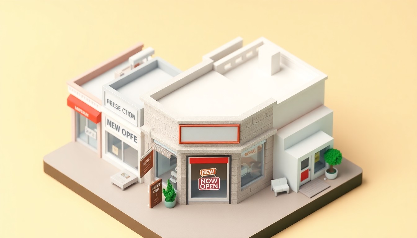 A highly stylized, isometric 3D digital illustration depicting a miniature small business storefront surrounded by other shops and offices, conveying a sense of community and entrepreneurial energy.