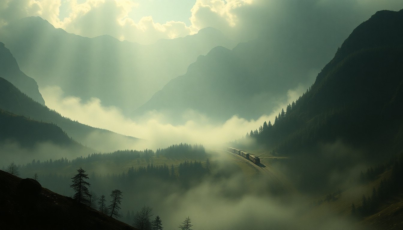 A vast, majestic landscape painting in muted tones, with a train derailment partially obscured in the distance by heavy fog or haze, conveying the overwhelming power of nature.