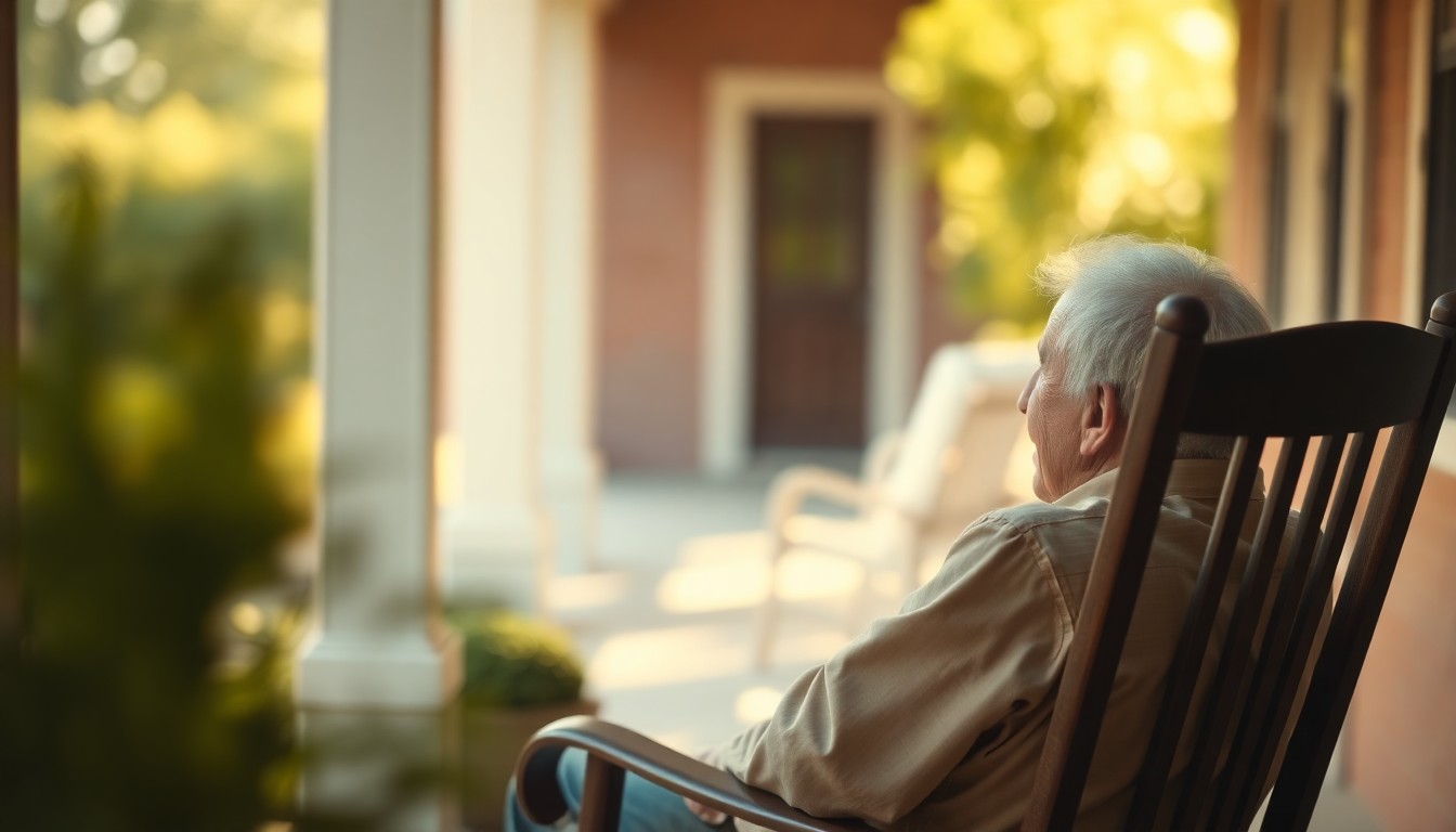 An abstract, impressionistic photograph showing an elderly man sitting in a rocking chair on a porch, with the surrounding greenery and sunlight blurred into soft, warm pools of color, conceptually representing the quiet passing of a community leader.