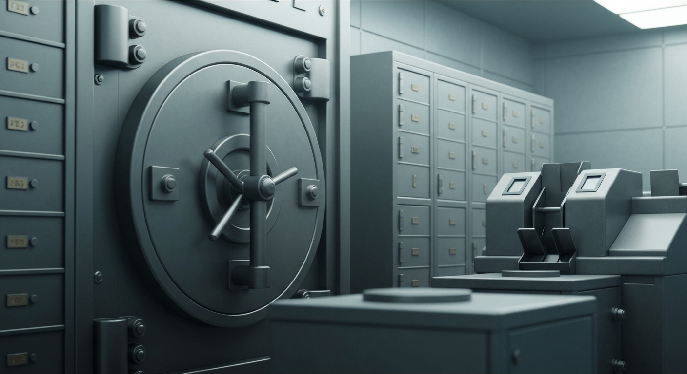 An extreme close-up of heavy, industrial banking equipment and machinery, including vault doors and currency counting devices, all rendered in a muted, industrial color palette, conceptually representing the strength and security of Bank of America's financial infrastructure.