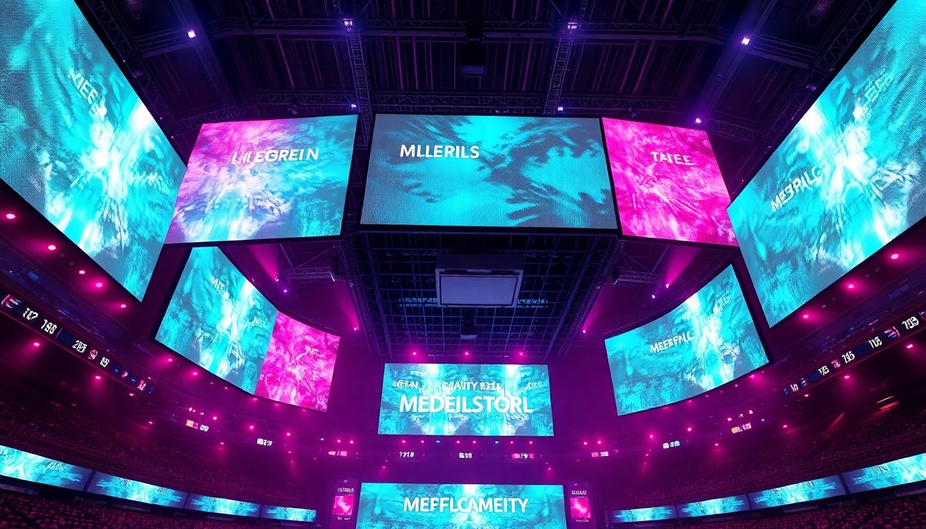 A highly detailed, 3D macro illustration of a large-scale LED display system in an indoor arena, with glowing neon cyan and magenta lights illuminating the various components, conceptually representing the technical complexity and visual impact of these arena-scale digital display networks.