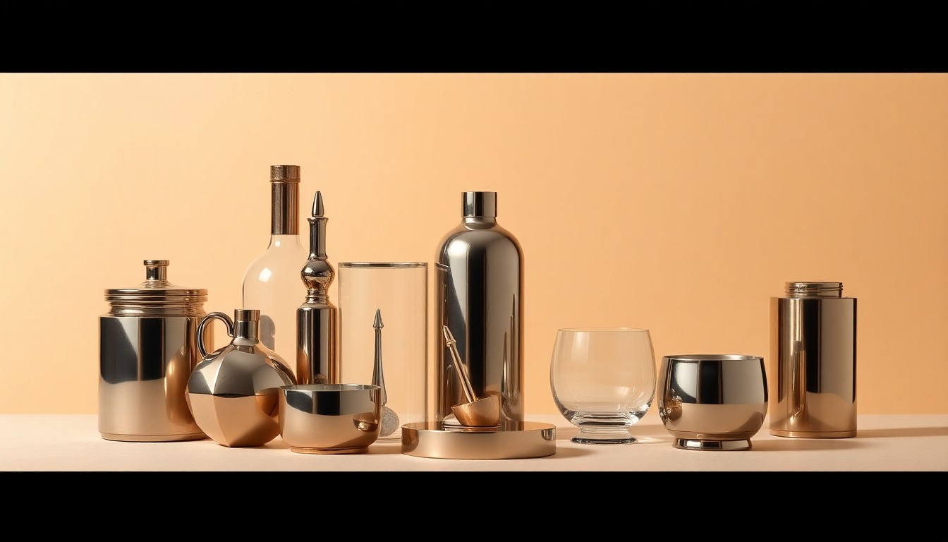 A high-end, photorealistic studio still-life photograph featuring a collection of premium, polished metal and glass objects arranged elegantly on a clean, monochromatic seamless background. The objects symbolize the abstract concepts of international trade, tariffs, and economic uncertainty.