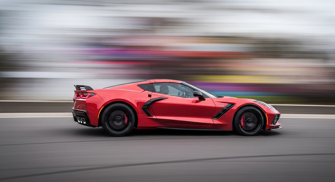 An abstract, sweeping color photograph capturing the motion and energy of a 2027 Chevrolet Corvette Grand Sport X, with vibrant streaks of color and blurred shapes representing the car's speed and advanced engineering.