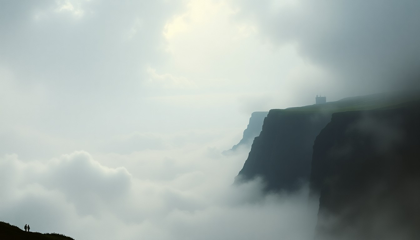 A dramatic, atmospheric landscape painting in muted tones of gray, blue, and green, with a hazy, smoke-filled horizon obscuring the details of the coastal environment, conveying the sense of impending danger from a potential wildfire.