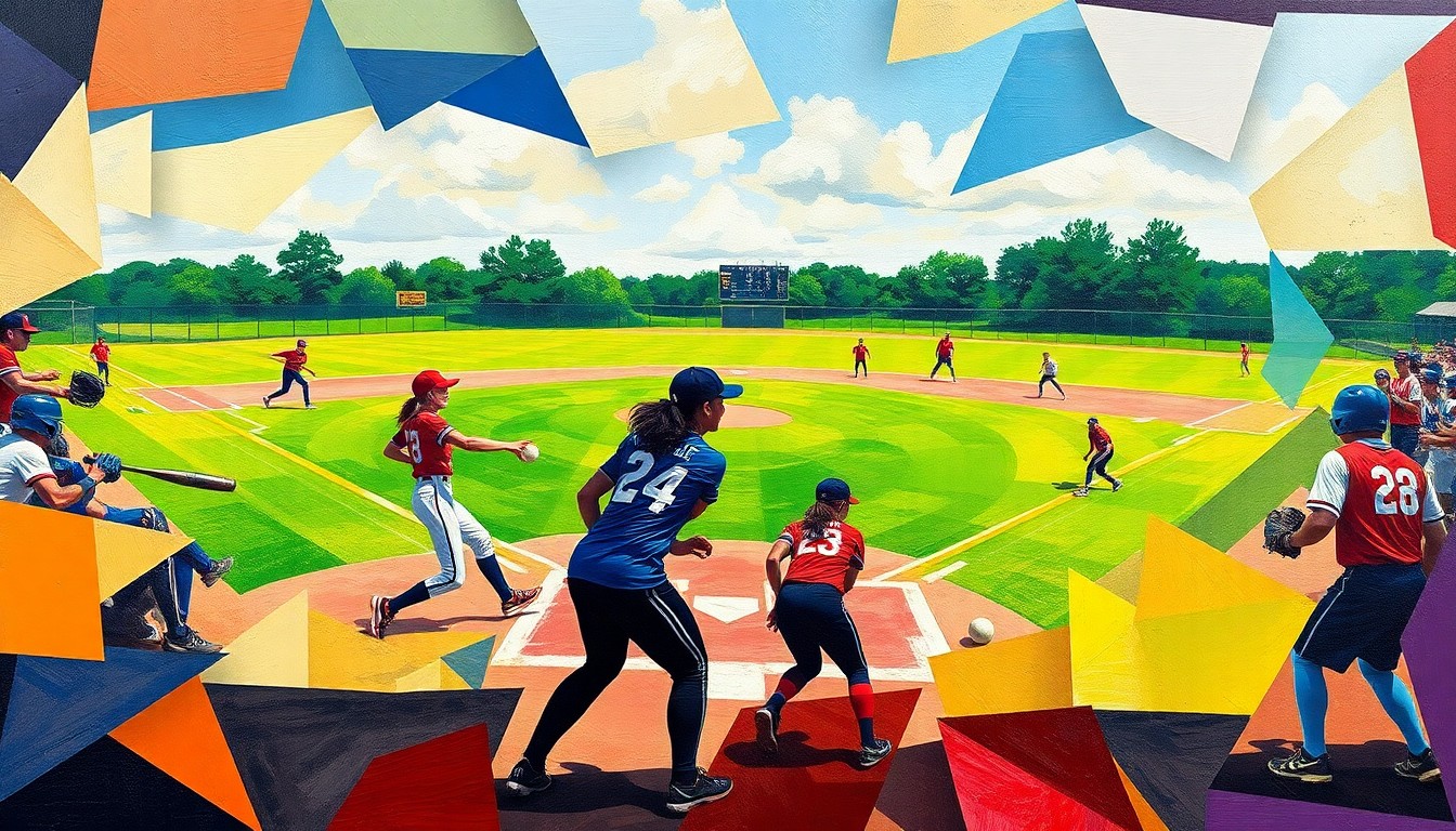 A fragmented, cubist-style painting depicting the dynamic movements and energy of a high school softball game, with the players and field broken down into sharp geometric shapes and planes in the team colors of Eastside and Twin Springs.