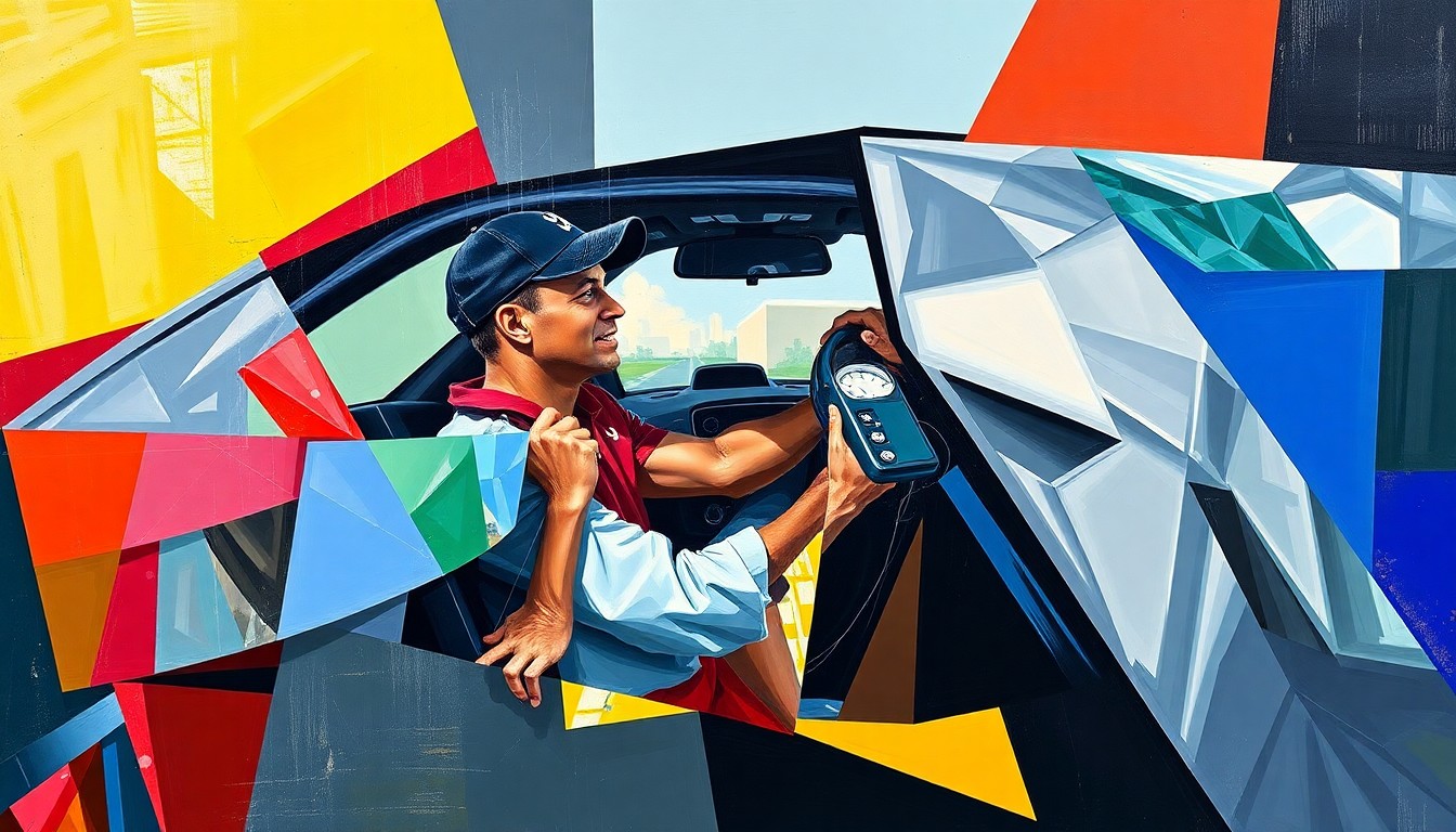 A fractured, geometric painting depicting a car crash scene with overlapping planes of color and shape, conveying the disorienting and dangerous nature of the incident without showing any specific details.