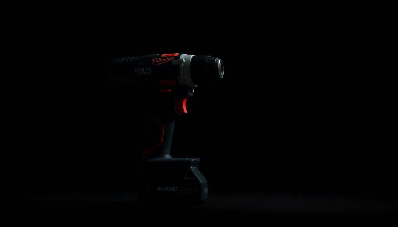 An extreme close-up photograph of a Milwaukee cordless power drill against a pitch-black background, lit by a harsh, direct camera flash, conceptually representing the investigative nature of a retail theft crime.