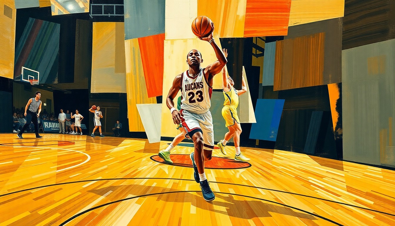 A cubist-style painting depicting the dynamic movements of a basketball player on the court, with their form fractured into overlapping geometric shapes and planes in vibrant colors, conveying the energy and athleticism of the sport.