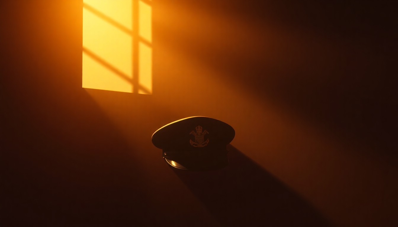 A photorealistic painting of a military officer's cap and insignia in warm, golden light, conveying a sense of quiet contemplation and the weight of leadership decisions.