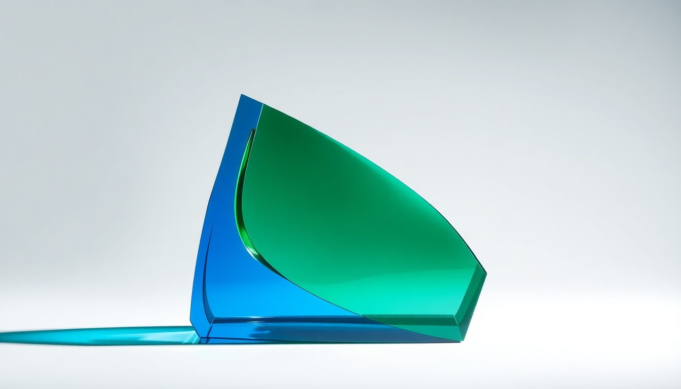A photorealistic studio still-life photograph featuring a polished, geometric glass sculpture in shades of blue and green, representing the refined aesthetic of Bernbaum/Magadini Architects' award-winning residential designs.
