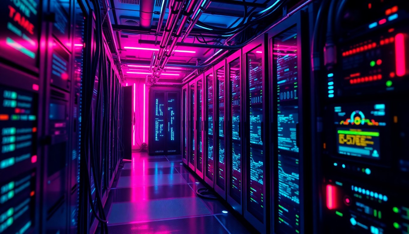 A highly detailed 3D illustration of glowing, neon-lit cybersecurity infrastructure and hardware, representing the breach of a senior government official's personal email account by Iran-linked hackers. The image features recognizable tech elements like servers, cables, and security panels illuminated by vibrant cyan and magenta lights, creating a sense of digital vulnerability and high-stakes cyberconflict.