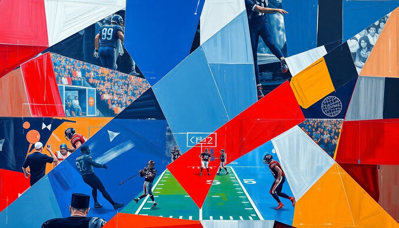 A cubist, geometric painting depicting fragmented football players and draft prospects, with sharp, overlapping planes of navy blue, silver, and red, conceptually representing the Cowboys' complex draft decision-making process.