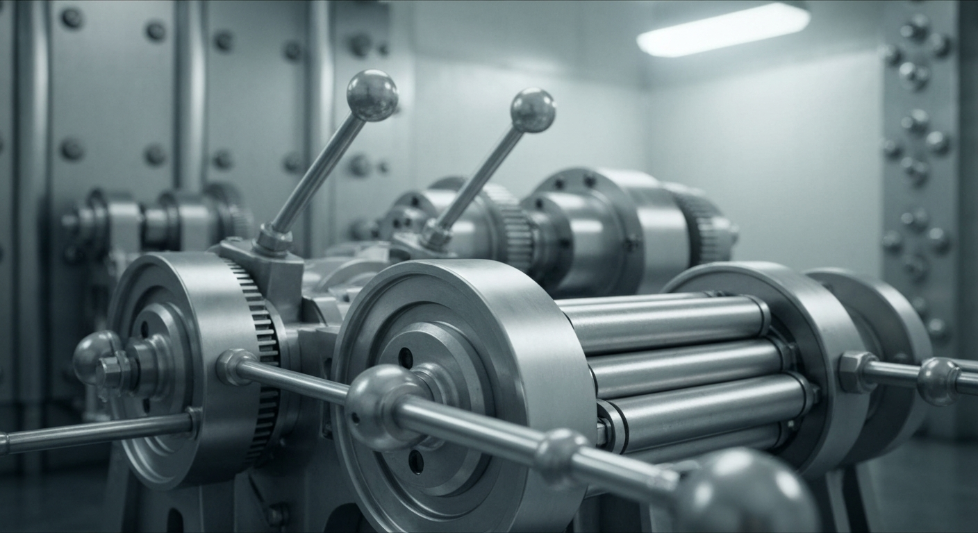 An extreme close-up of intricate, interlocking gears and levers of a large banking machine, conveying the complex mechanics of the financial industry.