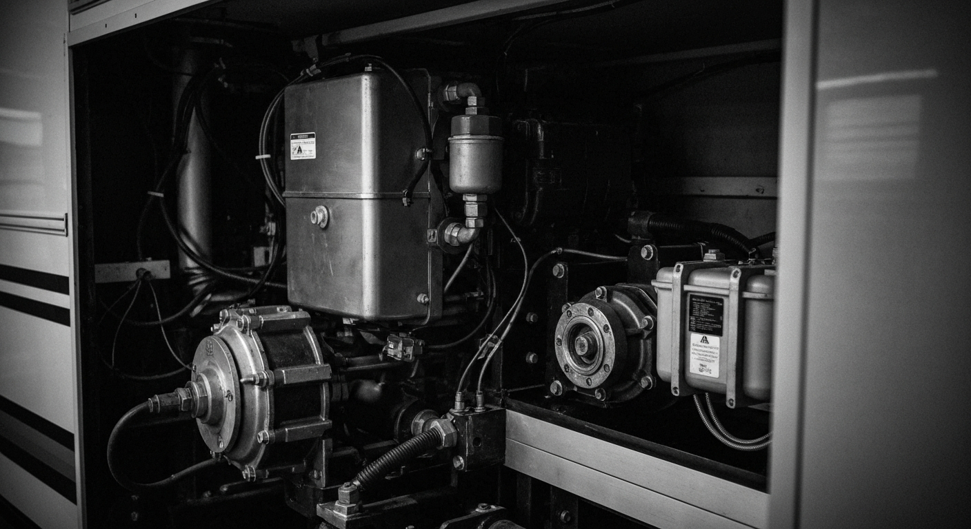 An extreme close-up of the complex, heavy machinery and components that make up the inner workings of a Winnebago recreational vehicle, captured in a high-contrast, documentary-style visual that conveys the engineering and manufacturing expertise behind these vehicles.