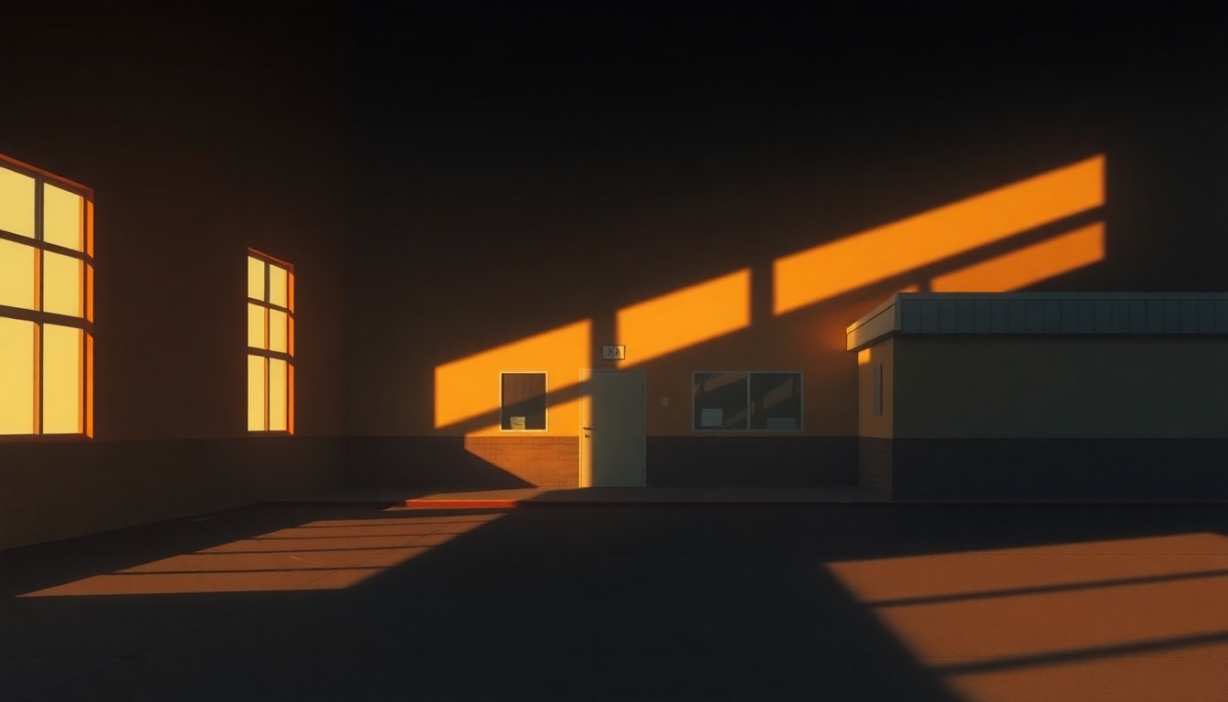 A serene, cinematic painting depicting the exterior of a community center or youth facility, with warm sunlight casting long shadows across the building's facade and surrounding landscape.