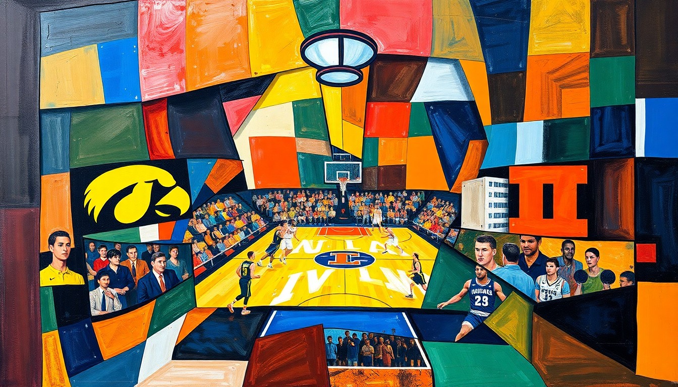 A cubist, geometric painting depicting a basketball game between the Iowa Hawkeyes and Illinois Fighting Illini, with the court and players broken down into sharp, overlapping planes of color.