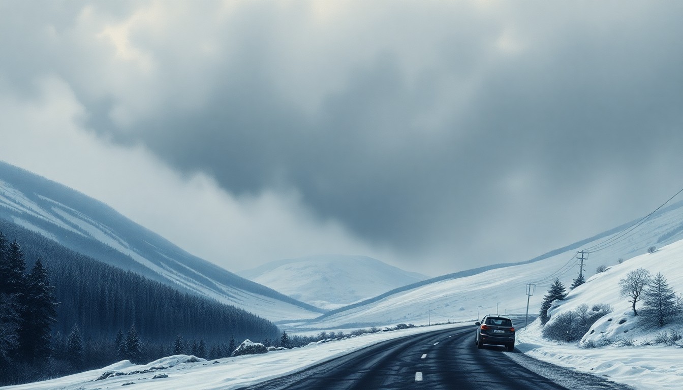 A dramatic landscape painting with heavy snowfall obscuring the horizon, dwarfing a lone car on a winding road in the foreground and conveying the overwhelming power of nature.
