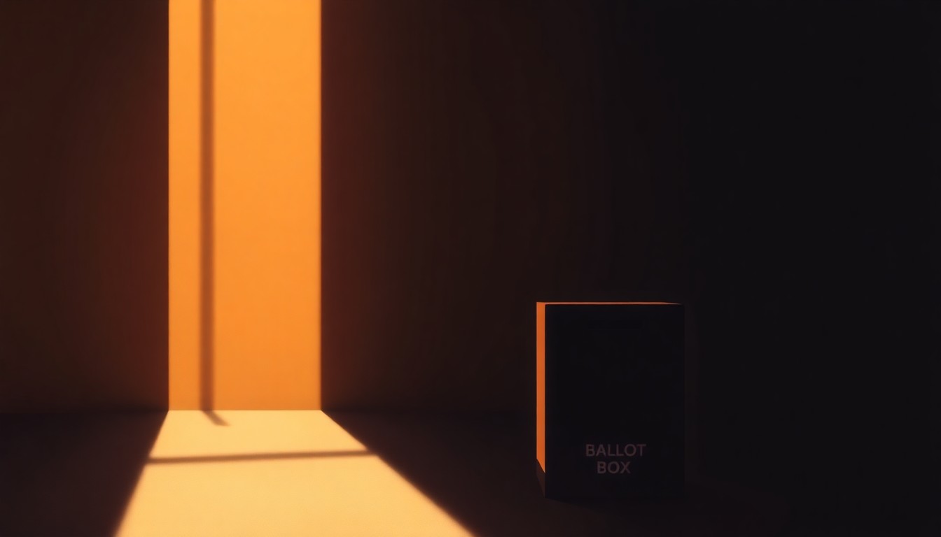 A photorealistic painting of a lone ballot box sitting on a wooden table, with warm sunlight streaming in through a window and deep shadows cast across the scene, creating a pensive, nostalgic mood.