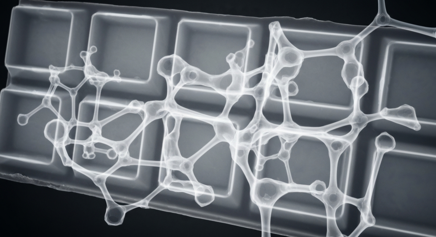 A ghostly, translucent X-ray image revealing the internal molecular structure of a chocolate bar, with faint lines and shapes representing the undeclared Viagra-like ingredients hidden within.