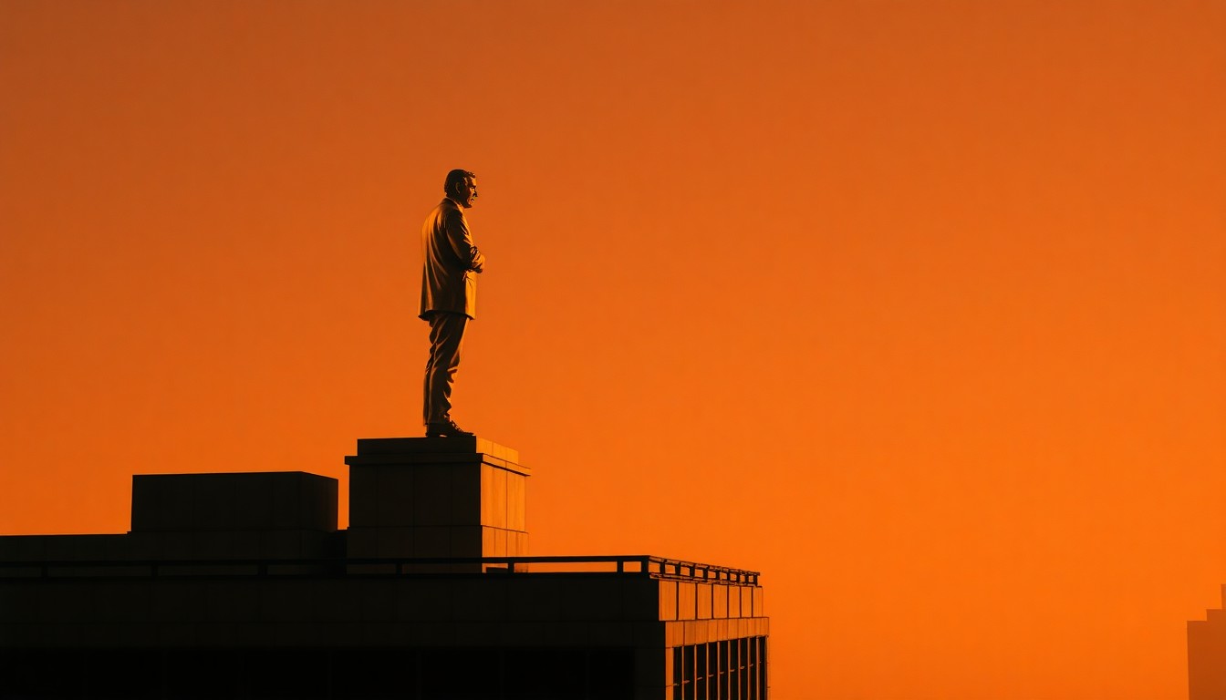 A cinematic painting of a solitary gold statue of a former US president standing tall on the roof of a skyscraper, with warm sunlight and deep shadows creating a contemplative, nostalgic mood.