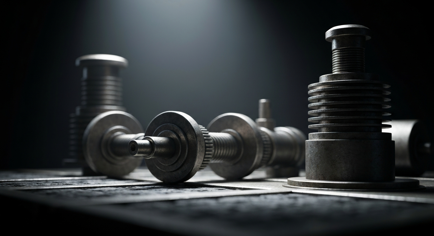 An extreme close-up of various metal and mechanical components that make up the inner workings of a financial institution, conveying the complex and imposing nature of the banking industry.