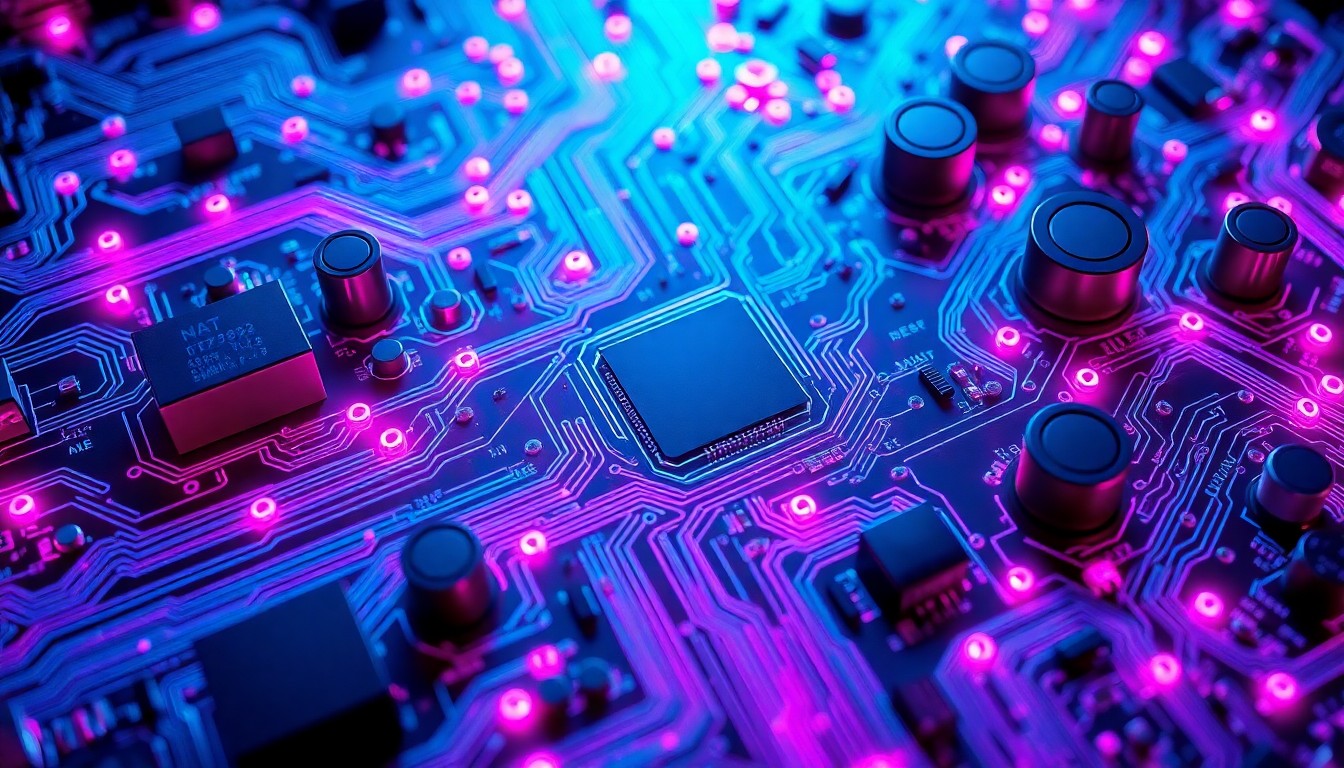A highly detailed, glowing 3D illustration of a complex circuit board with intricate patterns of illuminated traces, capacitors, and other electronic components in shades of neon blue, purple, and magenta, conceptually representing the advanced capabilities of ROHM's new op amp series.