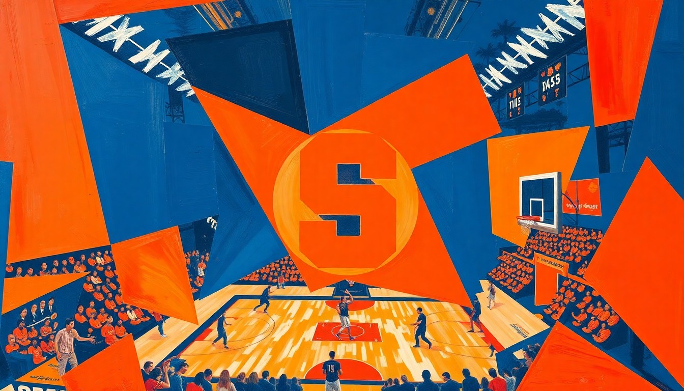 A cubist-style painting featuring overlapping geometric shapes and planes in the colors of Syracuse University, representing the fractured state of the basketball program as it looks to rebuild under new leadership.