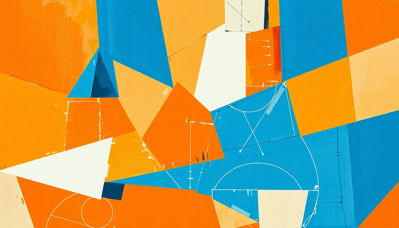 A fragmented, cubist-style painting depicting a basketball game broken down into overlapping geometric shapes and planes in the colors of the Syracuse Orange.