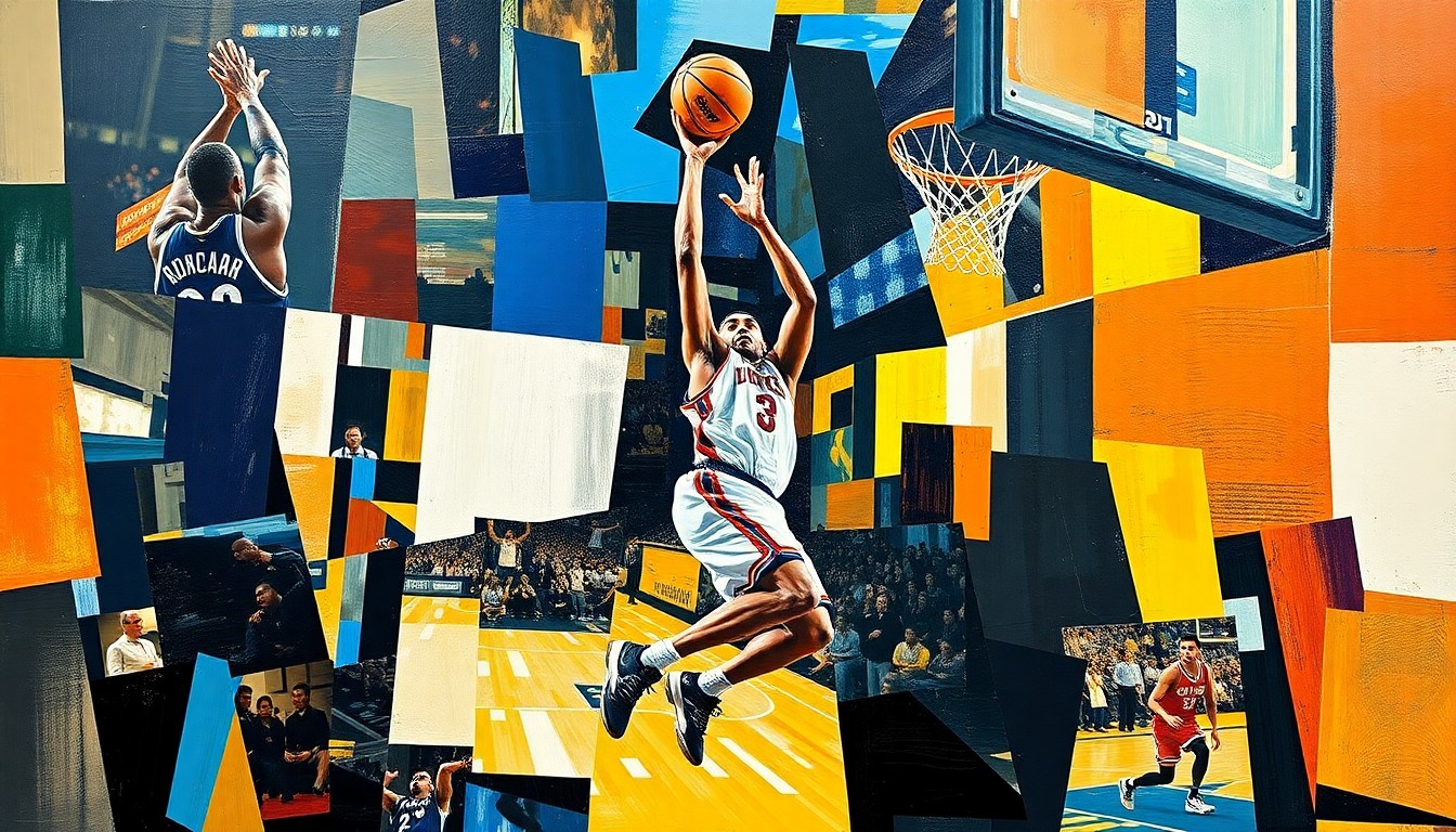 A cubist, geometric painting depicting a basketball player in mid-jump shot, with the ball and player's body fractured into overlapping angular shapes and planes in vibrant colors, conceptually representing the drama and energy of a game-winning moment.