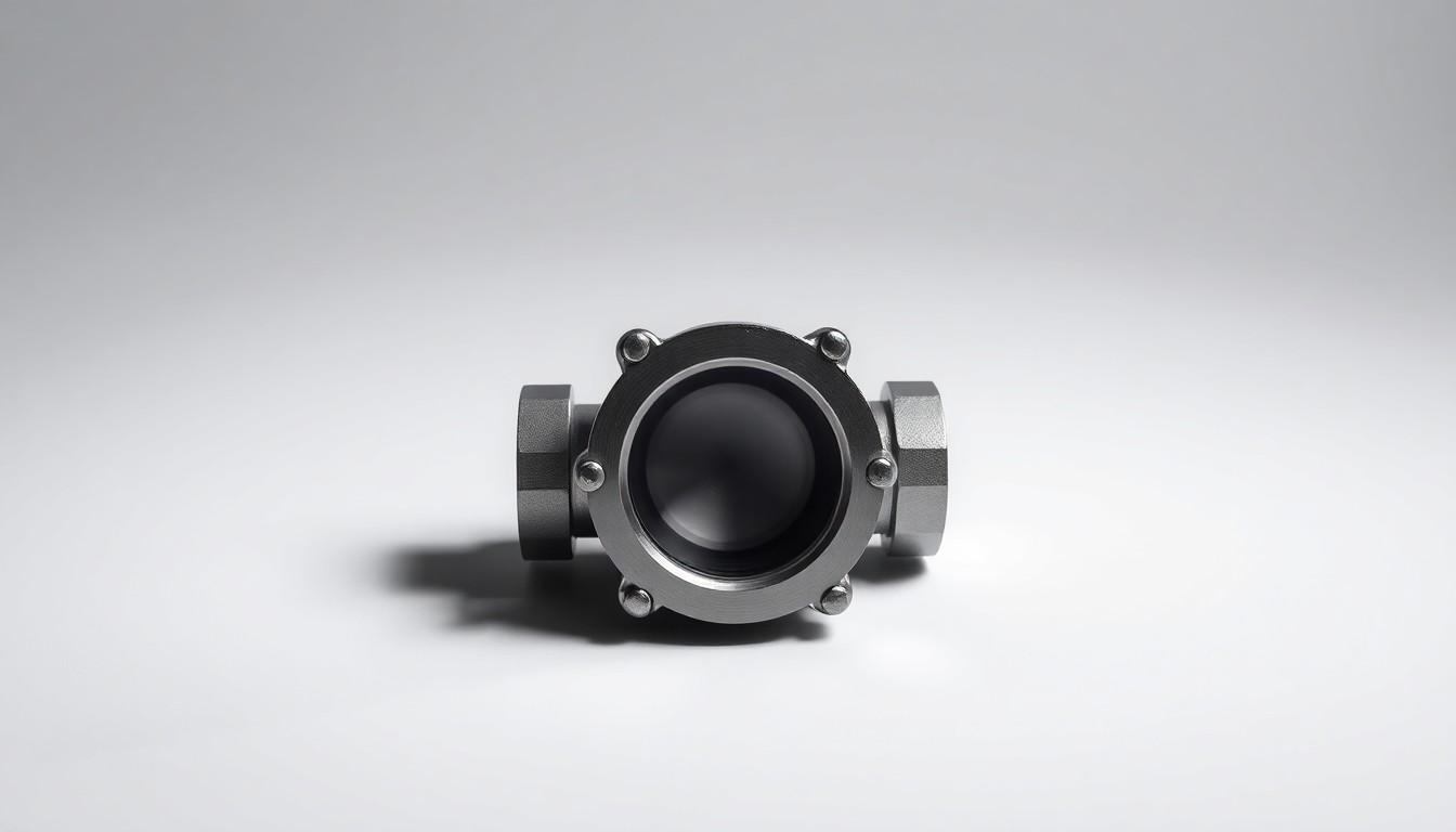 A photorealistic studio still-life image of a polished metal pipeline valve or fitting, dramatically lit to symbolize the capital investment and infrastructure focus of the midstream energy business.