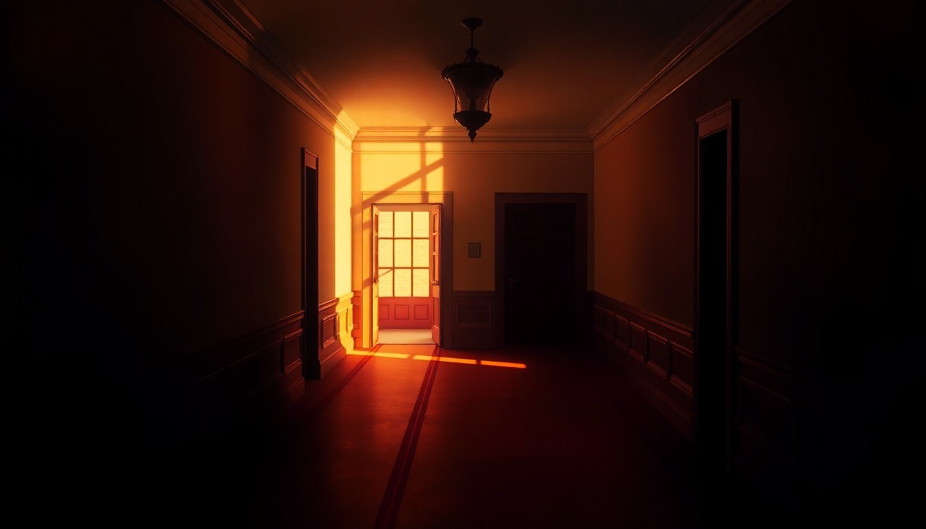A dimly lit, cinematic painting of an empty White House hallway, with warm sunlight streaming in through a window and casting deep shadows across the floor and walls, conceptually representing the debates over the former president's proposed ballroom project.