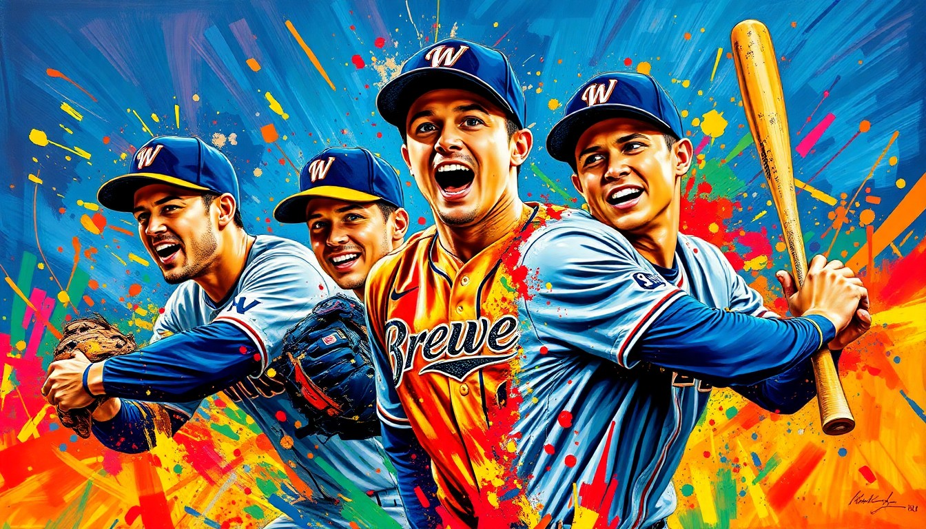 An abstract, energetic painting in neon colors depicting the dynamic action of a baseball game, with players and equipment blending into expressive brushstrokes.