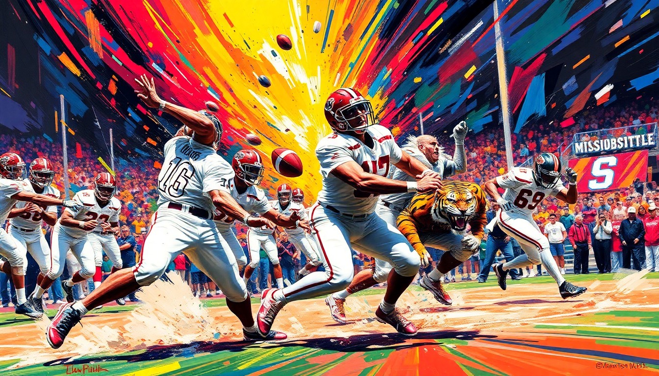 An abstract, energetic painting featuring bold brushstrokes in neon shades of blue, green, and orange, capturing the intensity and motion of a college baseball game between the Mississippi State Bulldogs and Grambling State Tigers.