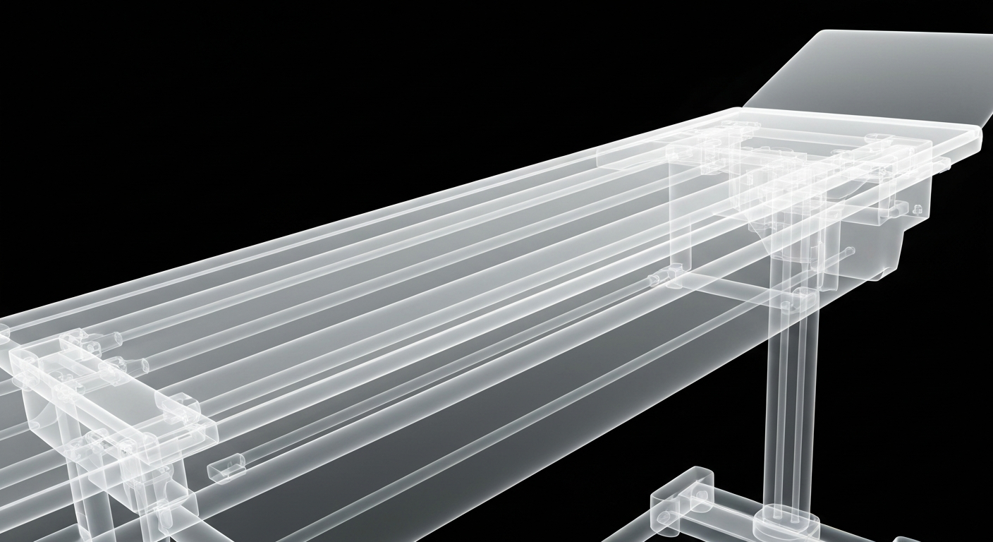 A ghostly, translucent X-ray image revealing the internal metal frame and components of a medical examination table, conveying the clinical yet vital nature of the new walk-in services.