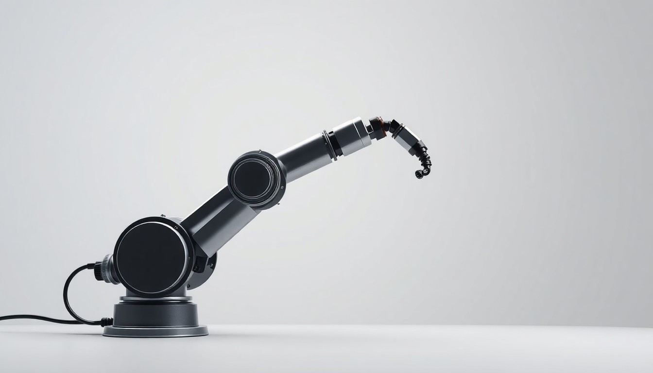 A minimalist, high-contrast studio photograph featuring a metallic industrial robot arm posed elegantly against a plain, monochromatic background, symbolizing the precision and technological innovation of FANUC America's new Michigan facility.