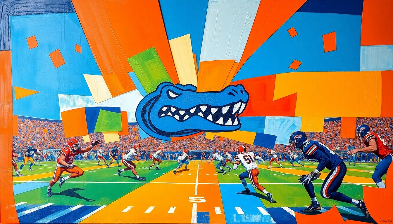 A cubist-style painting featuring overlapping geometric shapes in shades of orange and blue, representing the dynamic action and energy of a Florida Gators football practice.