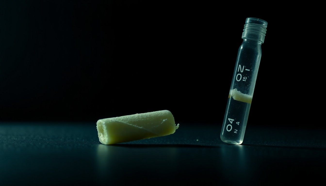 An extreme close-up photograph of a single piece of evidence from a decades-old cold case, such as a piece of clothing or a DNA sample, lit by a harsh, direct camera flash against a pitch-black background, conceptually illustrating the breakthrough in the investigation.