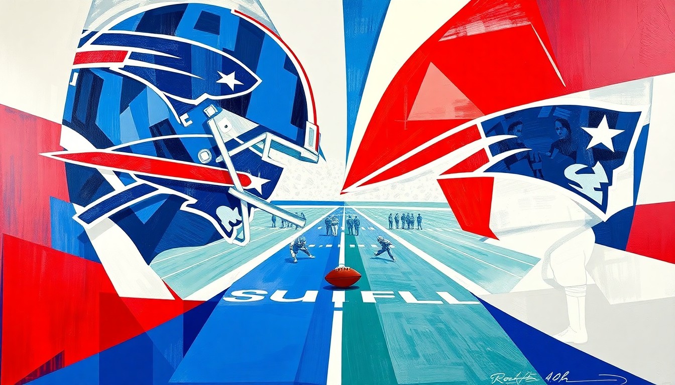 A fragmented, geometric painting depicting a football game between the Buffalo Bills and New England Patriots, with sharp planes of blue, red, and white representing the teams' uniforms and the intense rivalry between them.