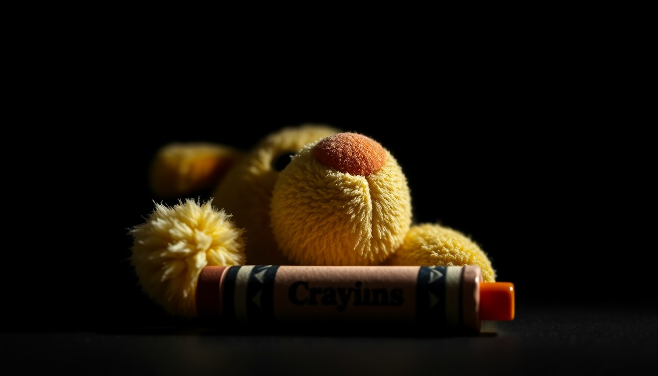 An extreme close-up photograph of a child's toy or personal item, such as a stuffed animal or a broken crayon, lit by a harsh, direct camera flash against a pitch-black background, creating a stark, gritty, investigative aesthetic without any text or identifiable elements.