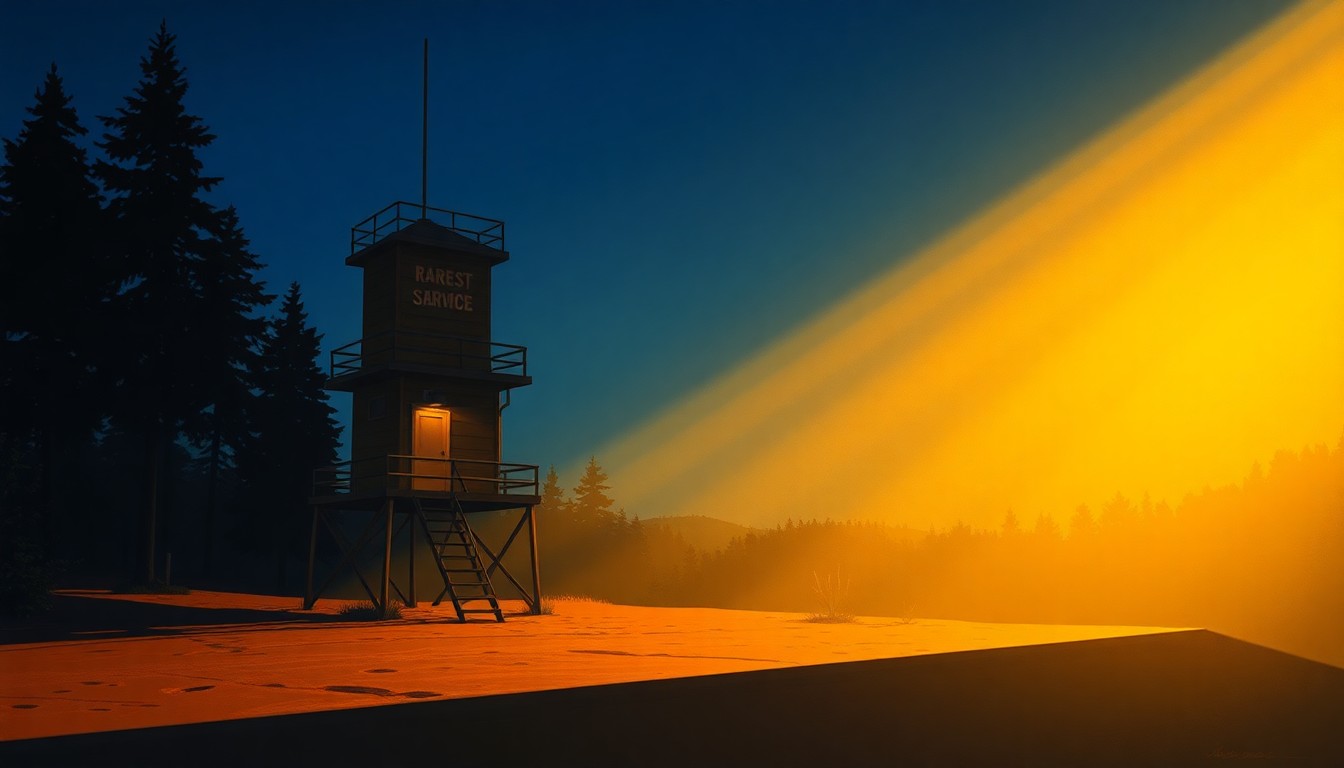 A serene, painterly image of a rustic Forest Service ranger station or lookout tower set against a backdrop of mountains, with warm sunlight casting long shadows across the scene, conveying a sense of quiet contemplation and connection to the natural landscape.