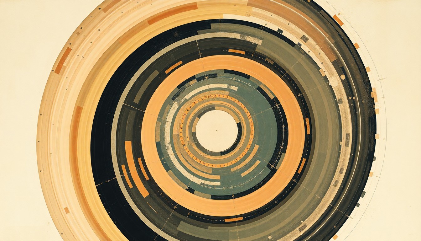 An abstract painting in soft, earthy tones featuring sweeping geometric arcs, concentric circles, and precise botanical spirals, representing the complex forces and concepts of the Artemis moon mission.