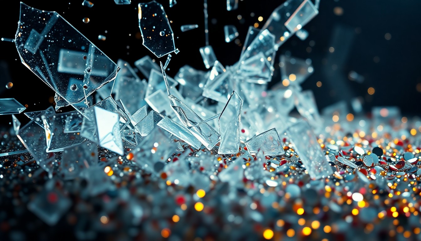 An extreme close-up photograph of shattered glass and glittering sequins in dramatic high-contrast studio lighting, conceptually representing the legal issues surrounding Taylor Swift's new album release.