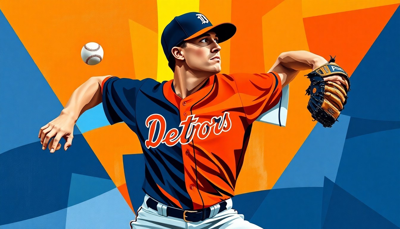 A fractured, multi-perspective painting depicting a baseball pitcher's windup and delivery broken down into sharp, overlapping geometric planes in vibrant navy blue, orange, and white colors.