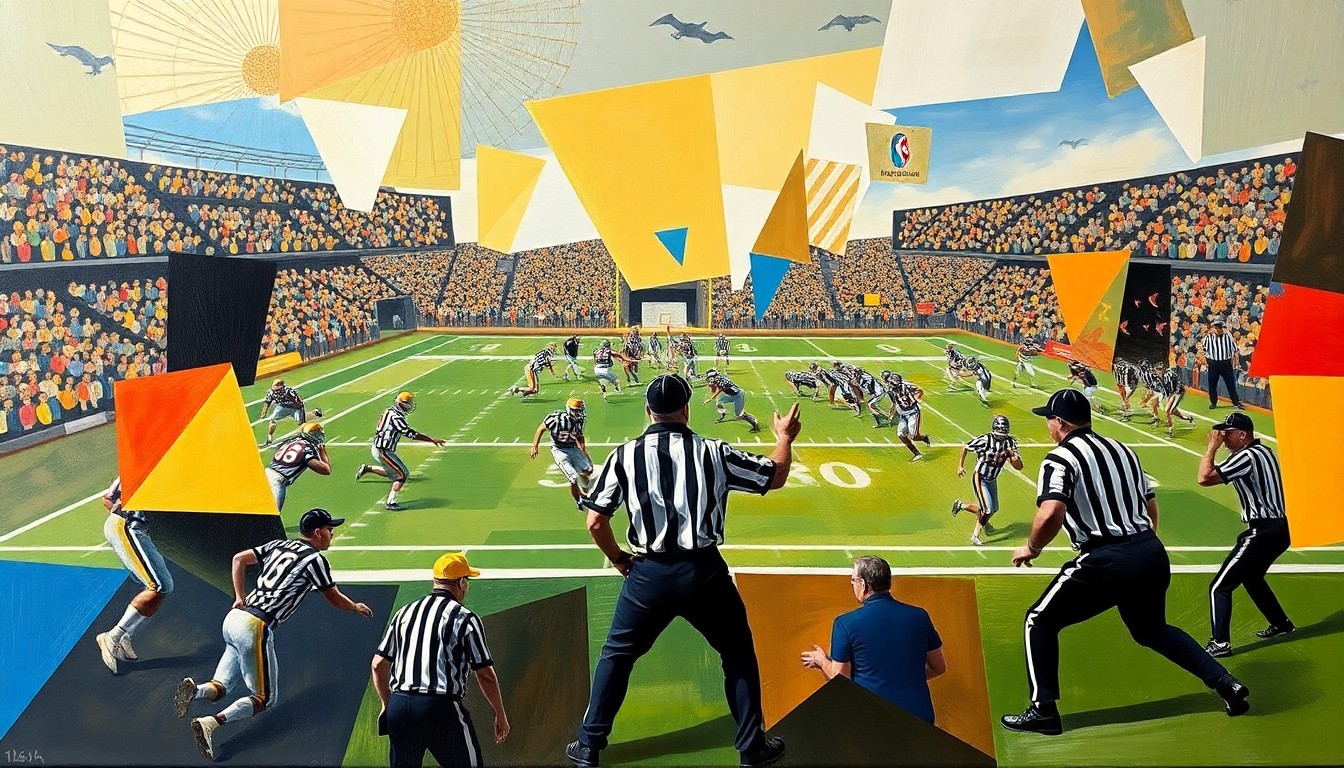 A cubist, geometric painting depicting a fragmented football field with players and officials reduced to abstract shapes, conveying the chaos and confusion of poor officiating.