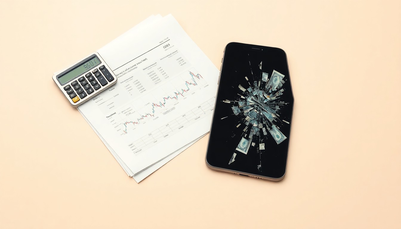 A high-end, photorealistic studio still-life photograph featuring a stack of stock trading documents, a broken calculator, and a shattered smartphone screen, all arranged elegantly on a clean, monochromatic seamless background. The objects conceptually represent the abstract corporate strategy, finance, risk, and markets impacted by the alleged fraudulent activity.