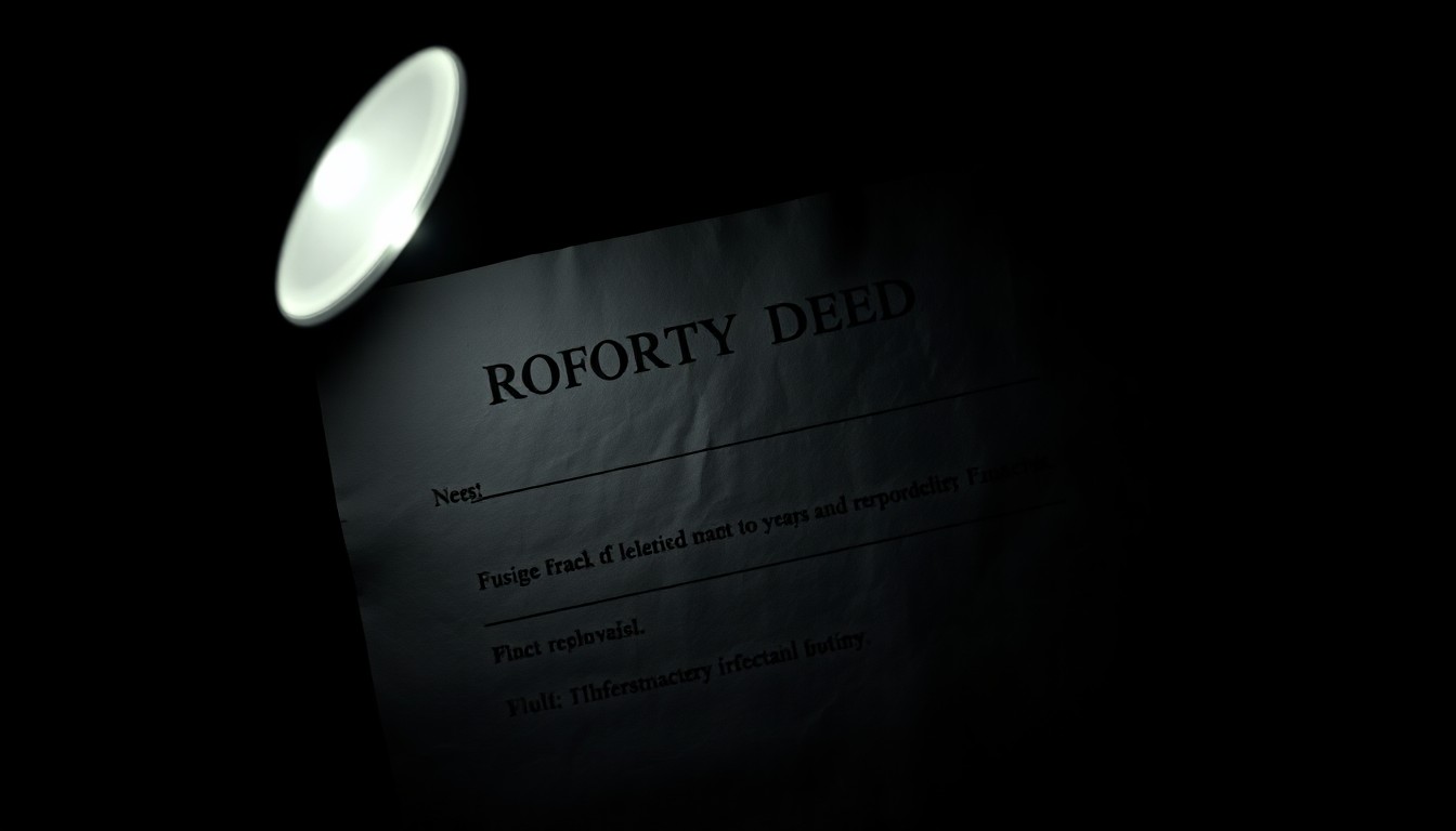 An extreme close-up of a crumpled, textured document with a faint red stamp, conceptually representing the forgery of property deeds and the gritty investigation into such crimes.