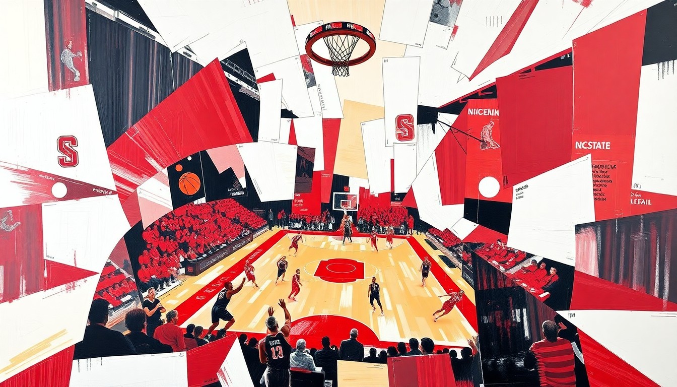 A cubist, geometric painting depicting a basketball game, with sharp, overlapping planes of red and white colors representing the NC State Wolfpack team.