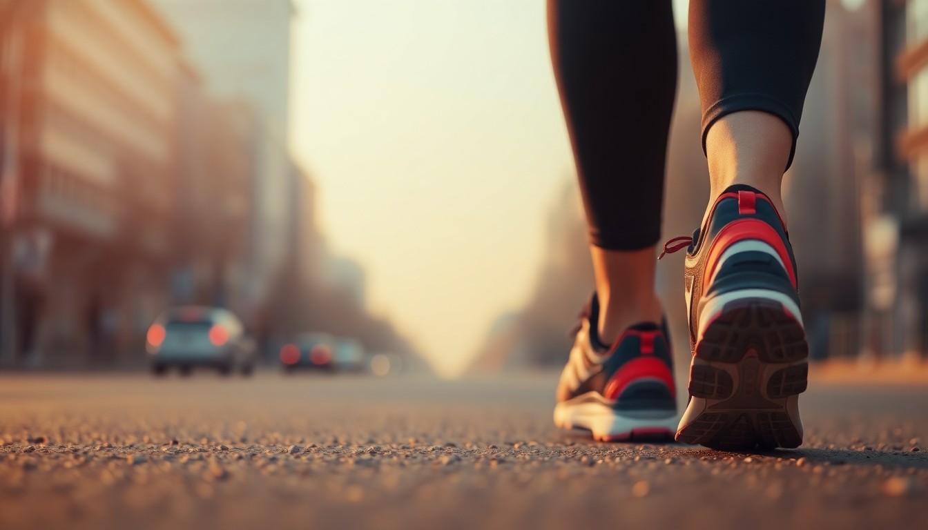 An abstract, out-of-focus photograph in warm, hazy tones depicting a pair of running shoes on a blurred city street, conceptually representing the emotional journey of training and honoring a lost loved one.