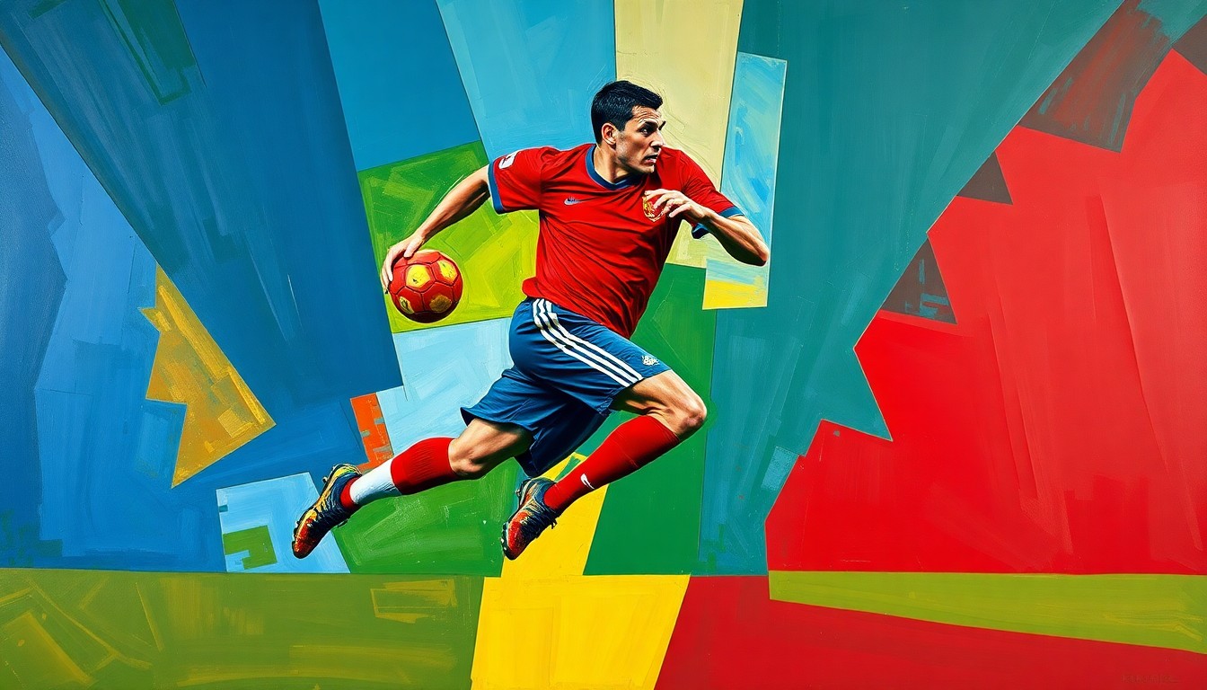 A fragmented, cubist-style painting depicting a football player in motion, with sharp geometric shapes and planes in deep blue, forest green, and crimson red, conceptually representing the complex negotiations and uncertainty surrounding a potential trade.