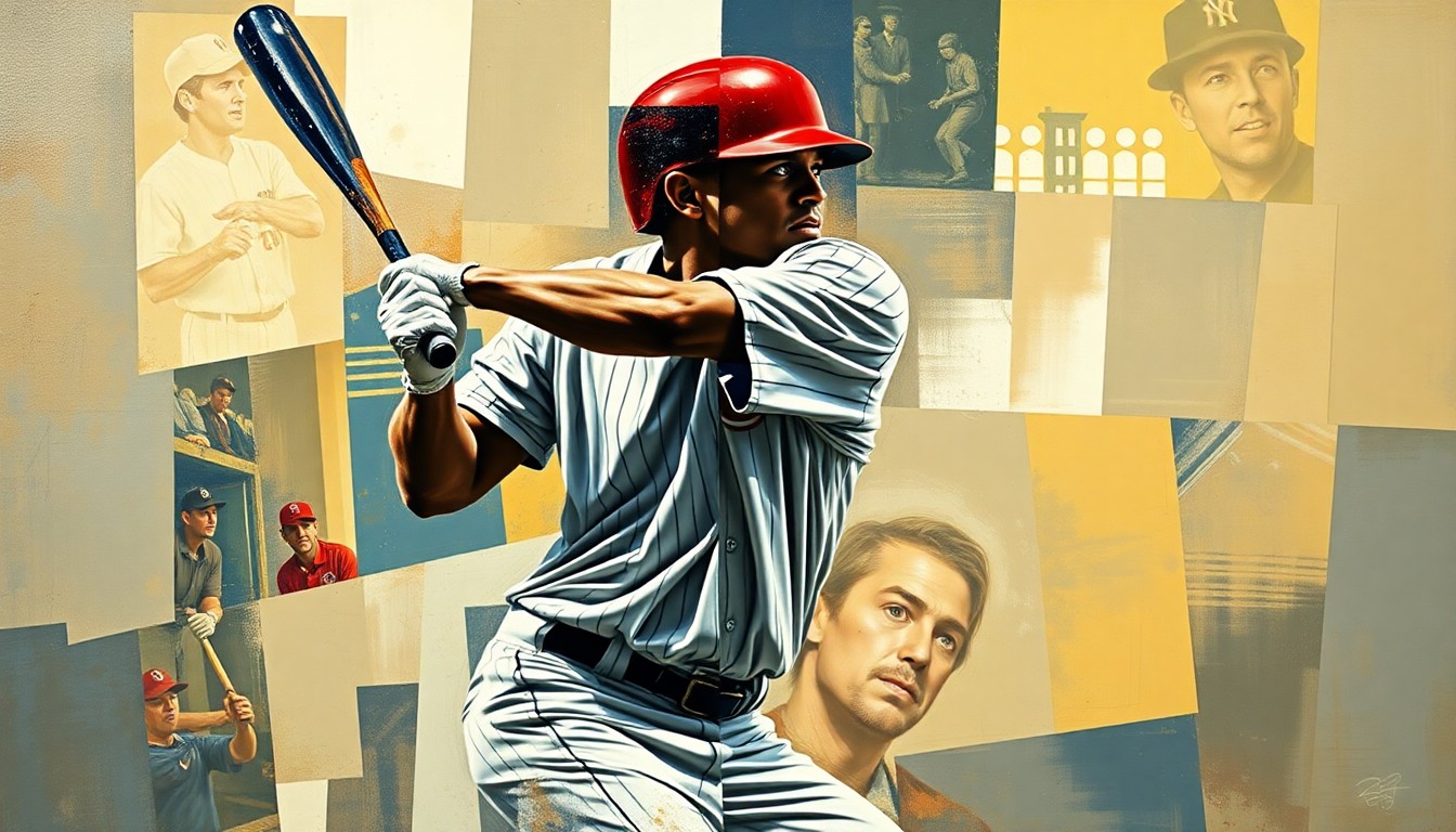 A fragmented, geometric painting depicting a baseball player in motion, with sharp, overlapping shapes and planes representing the dynamic action of the sport.